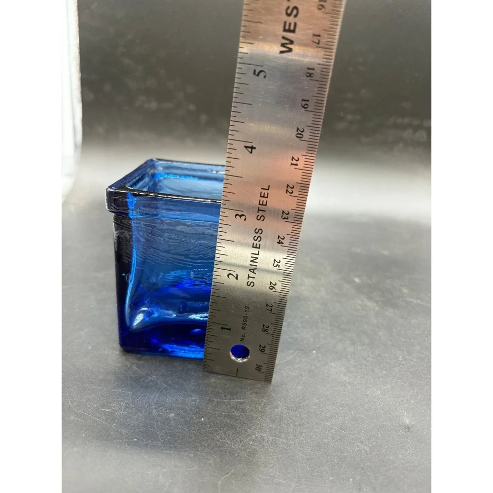 Cobalt Blue Art Glass Square Votive Candle Holder Textured Heavy Glass Planter
